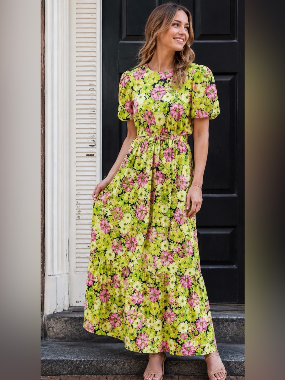 New WAYF Plaza Tiered Maxi Cutout Dress Floral Green Pink